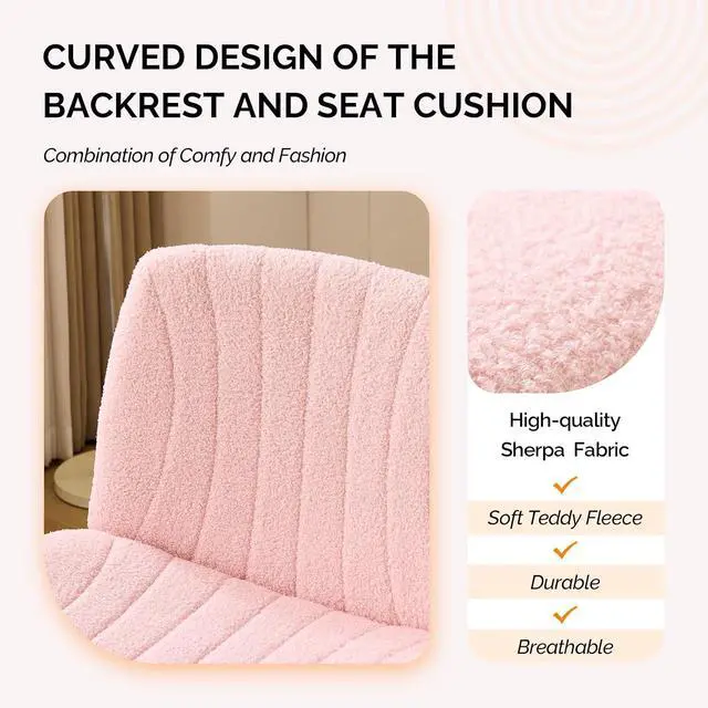 Alt view image 5 of 7 - Criss Cross Legged Chair,Wide Comfy Office Desk Chair,Dual-Use with/no Wheels Computer Task Chair,Swivel Armless Vanity Boucle Chair for Study,Make Up,Home Office,Teddy Fleece,Pink
