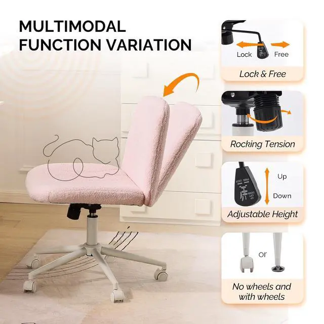 Alt view image 6 of 7 - Criss Cross Legged Chair,Wide Comfy Office Desk Chair,Dual-Use with/no Wheels Computer Task Chair,Swivel Armless Vanity Boucle Chair for Study,Make Up,Home Office,Teddy Fleece,Pink