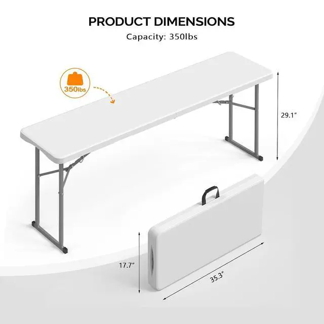 Alt view image 2 of 7 - 6 FT Narrow Folding Table, Tabletop Folded in Half, Premium Quality HDPE Material and Sturdy Metal Frame, Perfect for Buffet, Seminar, Party, Training, Home Work, White