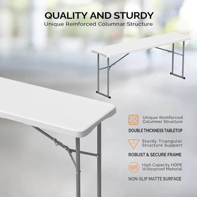 Alt view image 3 of 7 - 6 FT Narrow Folding Table, Tabletop Folded in Half, Premium Quality HDPE Material and Sturdy Metal Frame, Perfect for Buffet, Seminar, Party, Training, Home Work, White