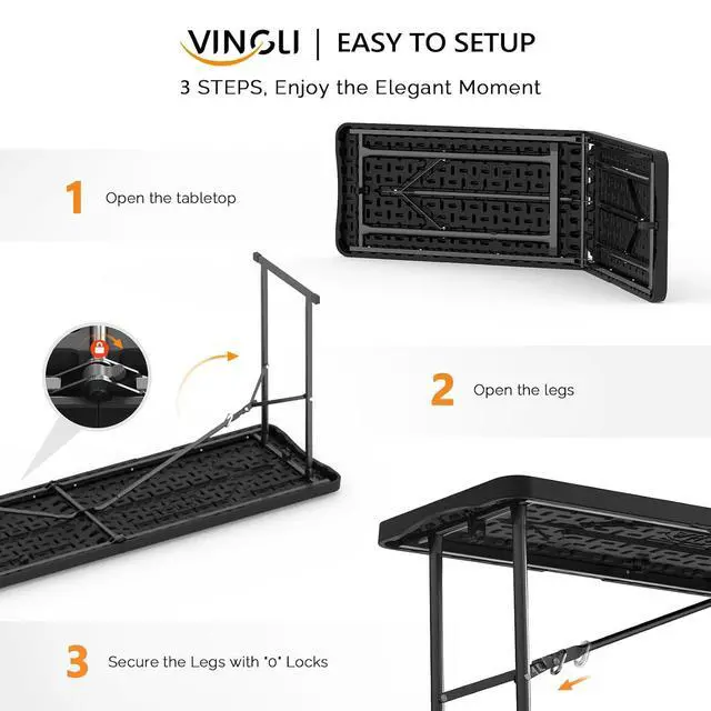 Alt view image 2 of 7 - 6 FT Narrow Folding Table, Tabletop Folded in Half, Premium Quality HDPE Material and Sturdy Metal Frame, Perfect for Buffet, Seminar, Party, Training, Home Work, Black