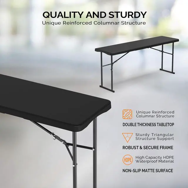 Alt view image 3 of 7 - 6 FT Narrow Folding Table, Tabletop Folded in Half, Premium Quality HDPE Material and Sturdy Metal Frame, Perfect for Buffet, Seminar, Party, Training, Home Work, Black