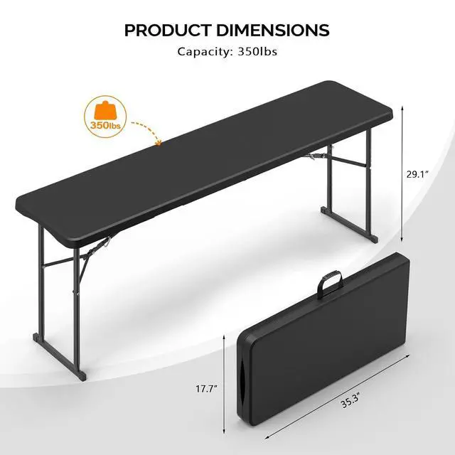 Alt view image 4 of 7 - 6 FT Narrow Folding Table, Tabletop Folded in Half, Premium Quality HDPE Material and Sturdy Metal Frame, Perfect for Buffet, Seminar, Party, Training, Home Work, Black