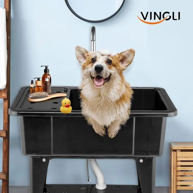 Alt view image 2 of 7 - 20-Gallon Utility Sink Laundry Tub for Washing Room, Freestanding Utility Sink with Stainless Steel Faucet, Black, 32W x 22 D x 36"H Black