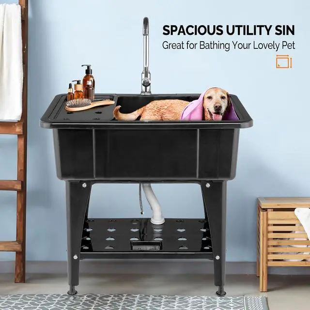 Alt view image 3 of 7 - 20-Gallon Utility Sink Laundry Tub for Washing Room, Freestanding Utility Sink with Stainless Steel Faucet, Black, 32W x 22 D x 36"H Black