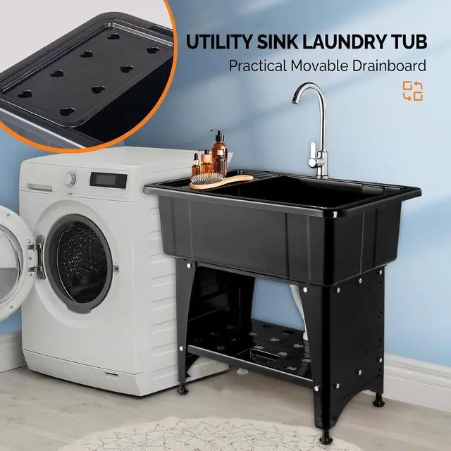 Alt view image 4 of 7 - 20-Gallon Utility Sink Laundry Tub for Washing Room, Freestanding Utility Sink with Stainless Steel Faucet, Black, 32W x 22 D x 36"H Black