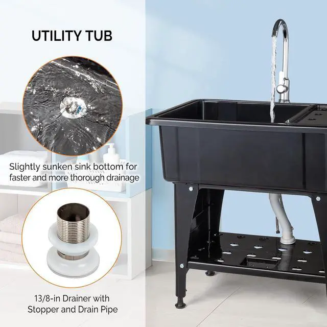 Alt view image 6 of 7 - 20-Gallon Utility Sink Laundry Tub for Washing Room, Freestanding Utility Sink with Stainless Steel Faucet, Black, 32W x 22 D x 36"H Black
