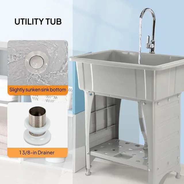 Alt view image 3 of 7 - 20-Gallon Utility Sink Laundry Tub for Washing Room, Freestanding Utility Sink with Stainless Steel Faucet, 22"D x 32"W x 36"H Grey