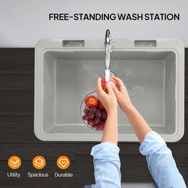 Alt view image 5 of 7 - 20-Gallon Utility Sink Laundry Tub for Washing Room, Freestanding Utility Sink with Stainless Steel Faucet, 22"D x 32"W x 36"H Grey