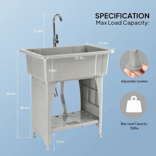 Alt view image 7 of 7 - 20-Gallon Utility Sink Laundry Tub for Washing Room, Freestanding Utility Sink with Stainless Steel Faucet, 22"D x 32"W x 36"H Grey