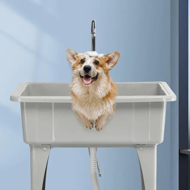Alt view image 6 of 7 - 20-Gallon Utility Sink Laundry Tub for Washing Room, Freestanding Utility Sink with Stainless Steel Faucet, 22"D x 32"W x 36"H Grey