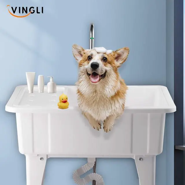 Alt view image 3 of 7 - 20-Gallon Utility Sink Laundry Tub for Washing Room, Freestanding Utility Sink with Stainless Steel Faucet, 22"D x 32"W x 36"H White