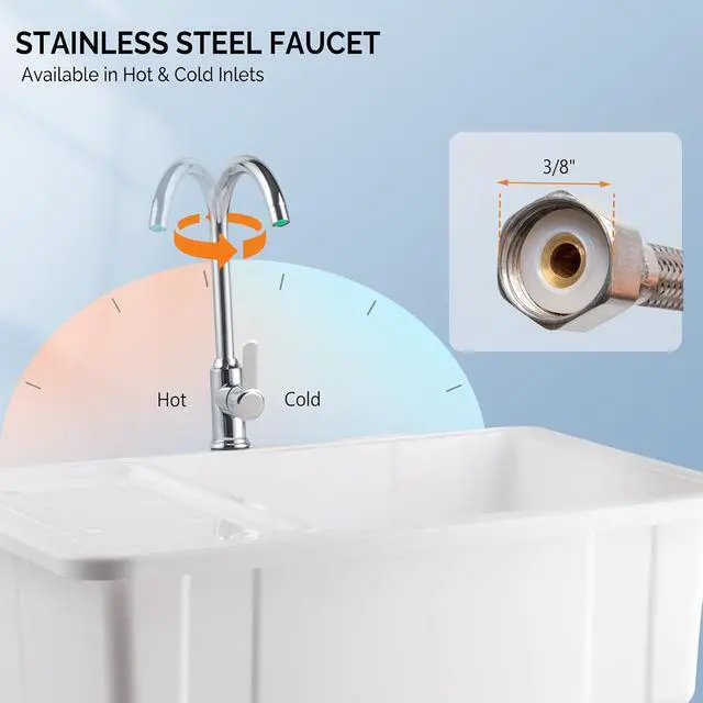 Alt view image 2 of 7 - 20-Gallon Utility Sink Laundry Tub for Washing Room, Freestanding Utility Sink with Stainless Steel Faucet, 22"D x 32"W x 36"H White
