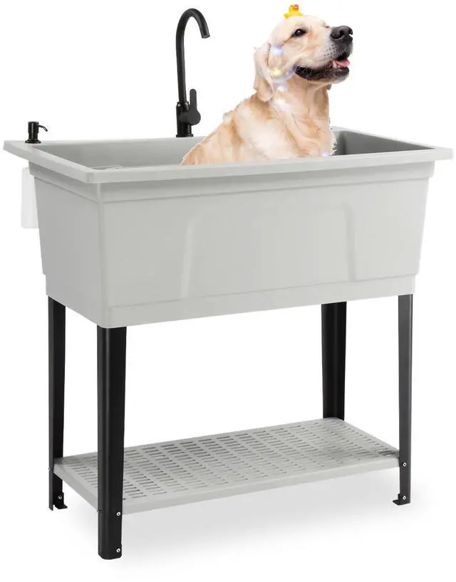 Main image of 37-Gallon Freestanding Utility Sink with Faucet, 36" Heightened Basin for Laundry, Garage, Outdoor Garden, Pet Wash, Heavy Duty Plastic Laundry Tub with Storage Shelf, 40"L×24"W×36"H, Grey