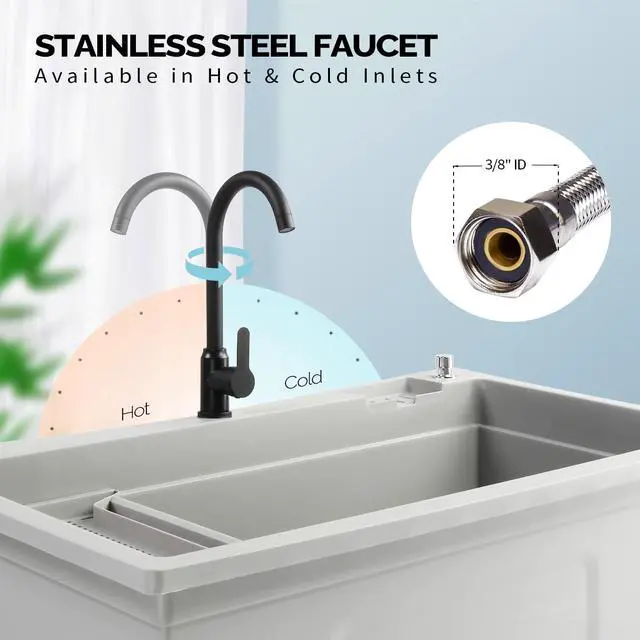 Alt view image 2 of 7 - 37-Gallon Freestanding Utility Sink with Faucet, 36" Heightened Basin for Laundry, Garage, Outdoor Garden, Pet Wash, Heavy Duty Plastic Laundry Tub with Storage Shelf, 40"L×24"W×36"H, Grey