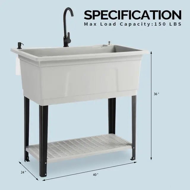 Alt view image 3 of 7 - 37-Gallon Freestanding Utility Sink with Faucet, 36" Heightened Basin for Laundry, Garage, Outdoor Garden, Pet Wash, Heavy Duty Plastic Laundry Tub with Storage Shelf, 40"L×24"W×36"H, Grey
