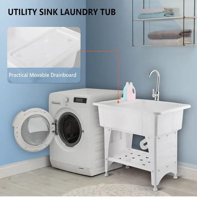 Alt view image 4 of 7 - 20-Gallon Utility Sink Laundry Tub for Washing Room, Freestanding Utility Sink with Stainless Steel Faucet, 22"D x 32"W x 36"H White