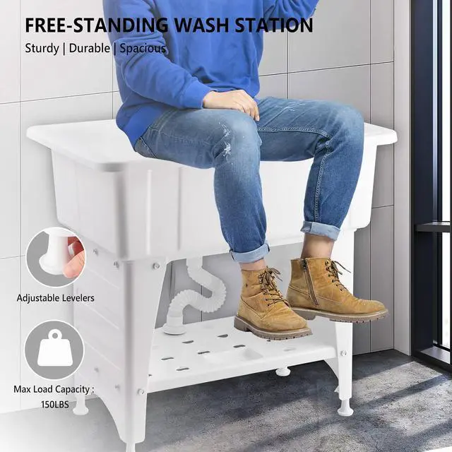 Alt view image 5 of 7 - 20-Gallon Utility Sink Laundry Tub for Washing Room, Freestanding Utility Sink with Stainless Steel Faucet, 22"D x 32"W x 36"H White