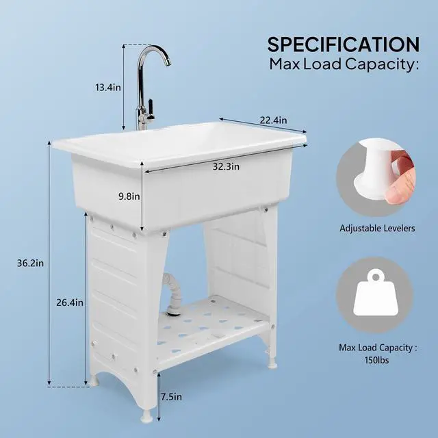 Alt view image 6 of 7 - 20-Gallon Utility Sink Laundry Tub for Washing Room, Freestanding Utility Sink with Stainless Steel Faucet, 22"D x 32"W x 36"H White
