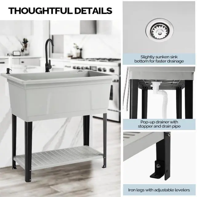 Alt view image 5 of 7 - 37-Gallon Freestanding Utility Sink with Faucet, 36" Heightened Basin for Laundry, Garage, Outdoor Garden, Pet Wash, Heavy Duty Plastic Laundry Tub with Storage Shelf, 40"L×24"W×36"H, Grey