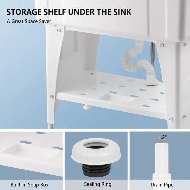 Alt view image 7 of 7 - 20-Gallon Utility Sink Laundry Tub for Washing Room, Freestanding Utility Sink with Stainless Steel Faucet, 22"D x 32"W x 36"H White