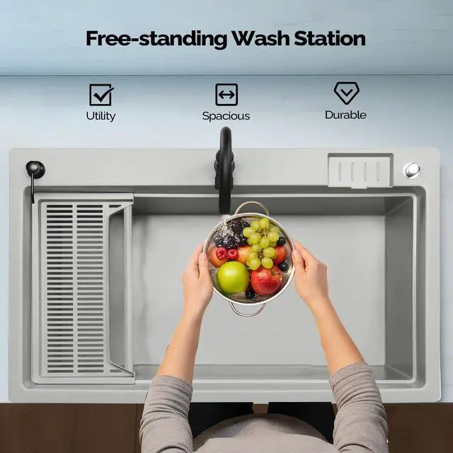 Alt view image 6 of 7 - 37-Gallon Freestanding Utility Sink with Faucet, 36" Heightened Basin for Laundry, Garage, Outdoor Garden, Pet Wash, Heavy Duty Plastic Laundry Tub with Storage Shelf, 40"L×24"W×36"H, Grey