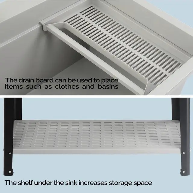 Alt view image 7 of 7 - 37-Gallon Freestanding Utility Sink with Faucet, 36" Heightened Basin for Laundry, Garage, Outdoor Garden, Pet Wash, Heavy Duty Plastic Laundry Tub with Storage Shelf, 40"L×24"W×36"H, Grey