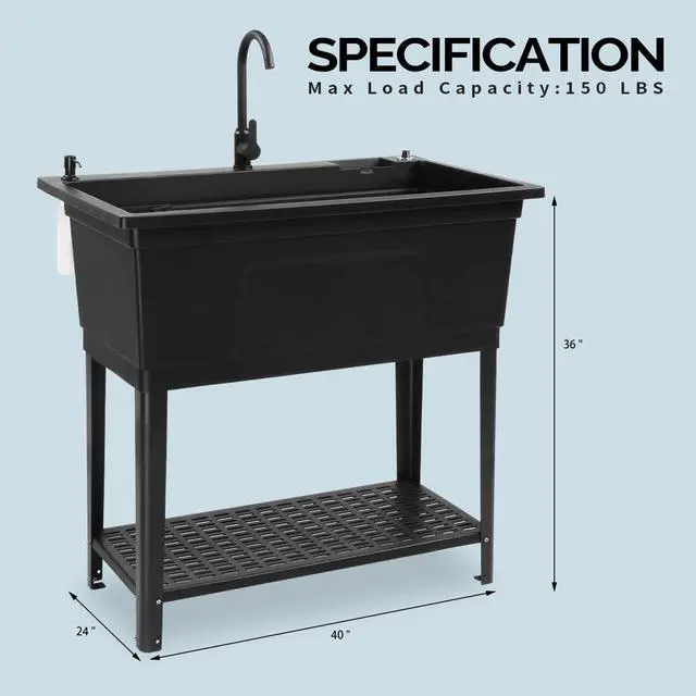 Alt view image 2 of 7 - 37-Gallon Freestanding Utility Sink with Faucet, 36" Heightened Basin for Laundry, Garage, Outdoor Garden, Pet Wash, Heavy Duty Plastic Laundry Tub with Storage Shelf, 40"L×24"W×36"H, Black