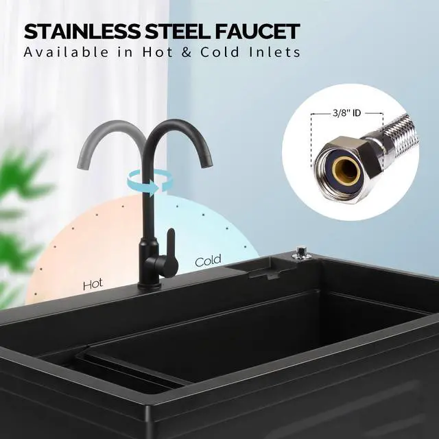 Alt view image 3 of 7 - 37-Gallon Freestanding Utility Sink with Faucet, 36" Heightened Basin for Laundry, Garage, Outdoor Garden, Pet Wash, Heavy Duty Plastic Laundry Tub with Storage Shelf, 40"L×24"W×36"H, Black