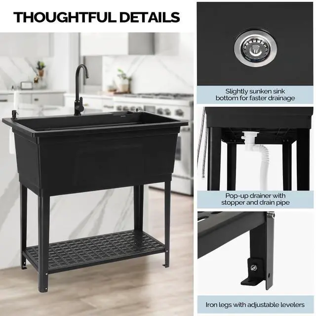 Alt view image 5 of 7 - 37-Gallon Freestanding Utility Sink with Faucet, 36" Heightened Basin for Laundry, Garage, Outdoor Garden, Pet Wash, Heavy Duty Plastic Laundry Tub with Storage Shelf, 40"L×24"W×36"H, Black