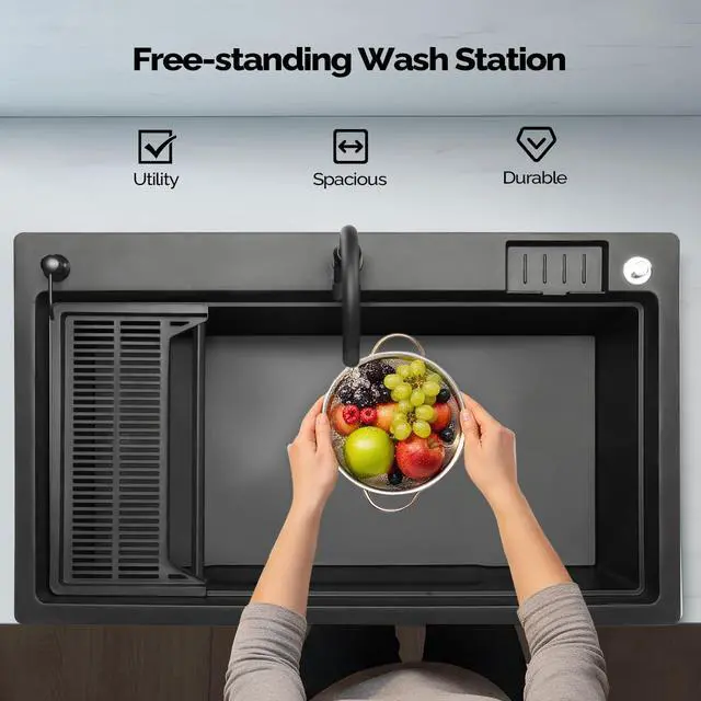 Alt view image 6 of 7 - 37-Gallon Freestanding Utility Sink with Faucet, 36" Heightened Basin for Laundry, Garage, Outdoor Garden, Pet Wash, Heavy Duty Plastic Laundry Tub with Storage Shelf, 40"L×24"W×36"H, Black
