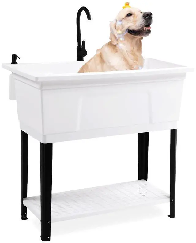Main image of 37-Gallon Freestanding Utility Sink with Faucet, 36" Heightened Basin for Laundry, Garage, Outdoor Garden, Pet Wash, Heavy Duty Plastic Laundry Tub with Storage Shelf, 40"L×24"W×36"H, White