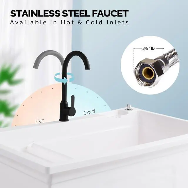 Alt view image 2 of 7 - 37-Gallon Freestanding Utility Sink with Faucet, 36" Heightened Basin for Laundry, Garage, Outdoor Garden, Pet Wash, Heavy Duty Plastic Laundry Tub with Storage Shelf, 40"L×24"W×36"H, White