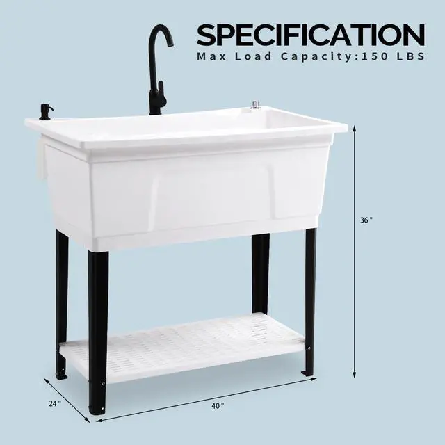 Alt view image 3 of 7 - 37-Gallon Freestanding Utility Sink with Faucet, 36" Heightened Basin for Laundry, Garage, Outdoor Garden, Pet Wash, Heavy Duty Plastic Laundry Tub with Storage Shelf, 40"L×24"W×36"H, White