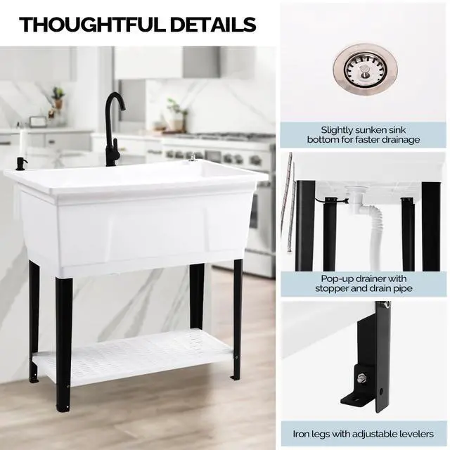 Alt view image 5 of 7 - 37-Gallon Freestanding Utility Sink with Faucet, 36" Heightened Basin for Laundry, Garage, Outdoor Garden, Pet Wash, Heavy Duty Plastic Laundry Tub with Storage Shelf, 40"L×24"W×36"H, White