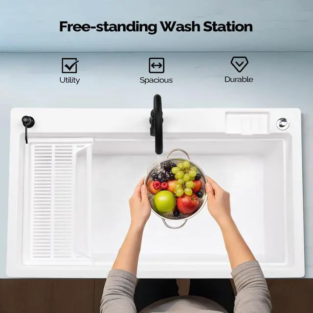 Alt view image 6 of 7 - 37-Gallon Freestanding Utility Sink with Faucet, 36" Heightened Basin for Laundry, Garage, Outdoor Garden, Pet Wash, Heavy Duty Plastic Laundry Tub with Storage Shelf, 40"L×24"W×36"H, White