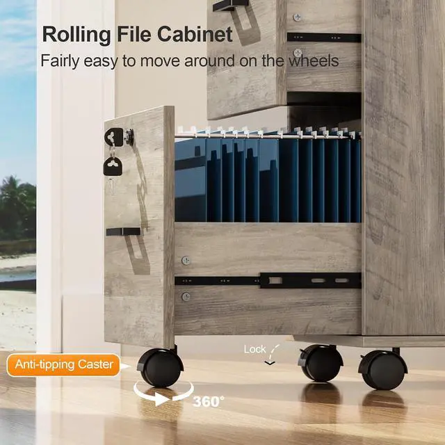 Alt view image 6 of 7 - 2 Drawer File Cabinet with Lock, Wood Rustic Gray Filing Cabinet for Letter Size File Folders with Tabs, Under Desk Rolling File Cabinets for Home Office, Mobile File Organization Printer Stand