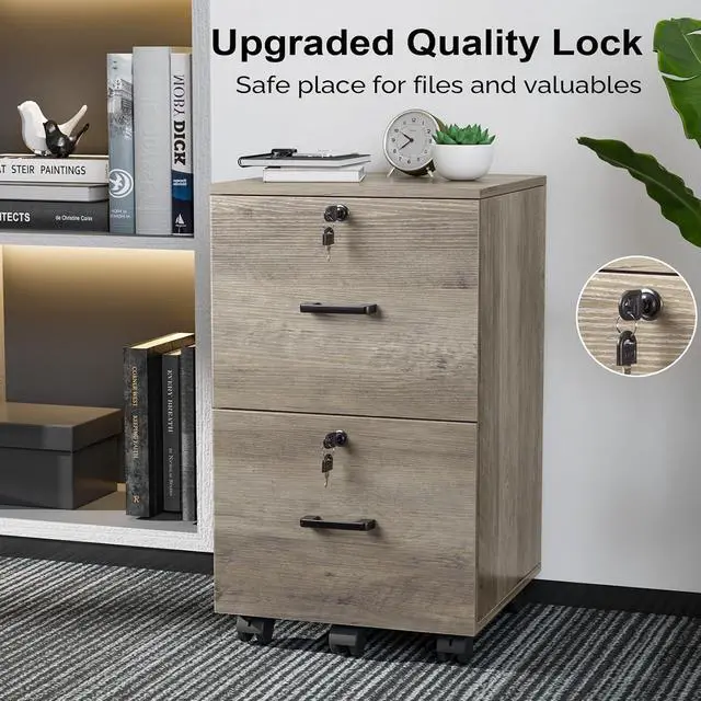 Alt view image 5 of 7 - 2 Drawer File Cabinet with Lock, Wood Rustic Gray Filing Cabinet for Letter Size File Folders with Tabs, Under Desk Rolling File Cabinets for Home Office, Mobile File Organization Printer Stand