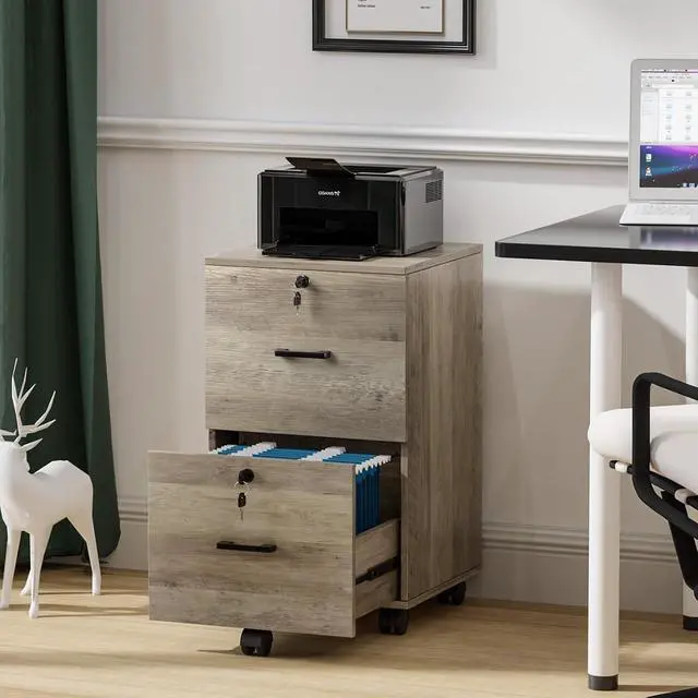 Alt view image 7 of 7 - 2 Drawer File Cabinet with Lock, Wood Rustic Gray Filing Cabinet for Letter Size File Folders with Tabs, Under Desk Rolling File Cabinets for Home Office, Mobile File Organization Printer Stand