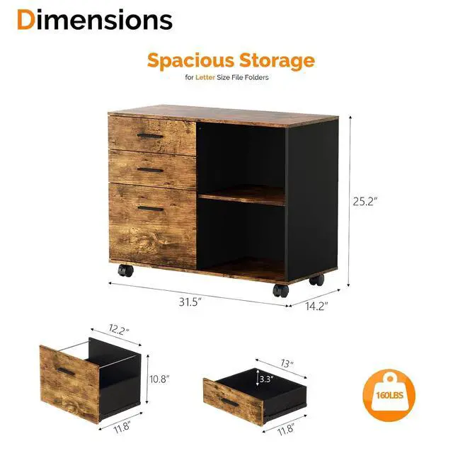 Alt view image 3 of 7 - 3 Drawer Wood Lateral File Cabinet with Adjustable Shelves & Locking Wheels, Printer Stand with Drawers for Letter, Sturdy Black File Cabinets for Home Office, Study & Business, Rustic Brown