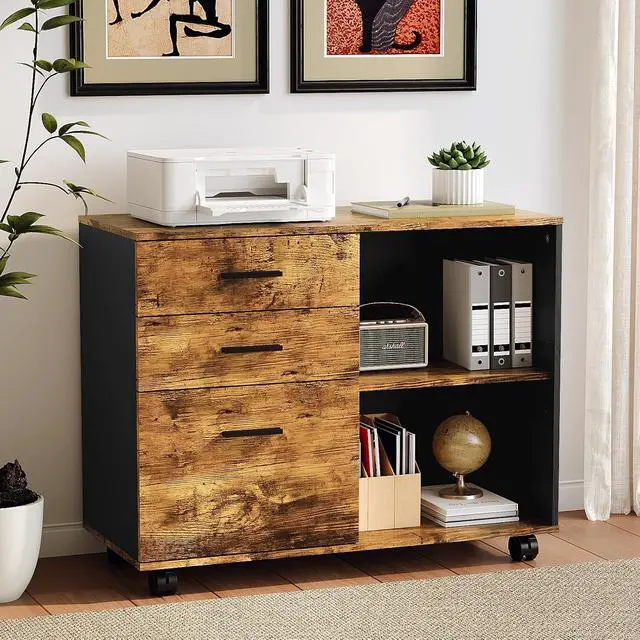 Alt view image 2 of 7 - 3 Drawer Wood Lateral File Cabinet with Adjustable Shelves & Locking Wheels, Printer Stand with Drawers for Letter, Sturdy Black File Cabinets for Home Office, Study & Business, Rustic Brown