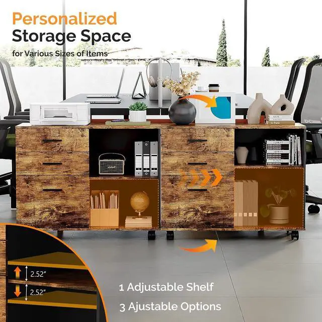 Alt view image 5 of 7 - 3 Drawer Wood Lateral File Cabinet with Adjustable Shelves & Locking Wheels, Printer Stand with Drawers for Letter, Sturdy Black File Cabinets for Home Office, Study & Business, Rustic Brown