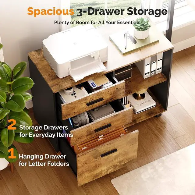 Alt view image 4 of 7 - 3 Drawer Wood Lateral File Cabinet with Adjustable Shelves & Locking Wheels, Printer Stand with Drawers for Letter, Sturdy Black File Cabinets for Home Office, Study & Business, Rustic Brown
