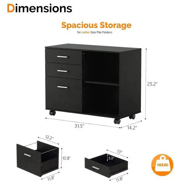 Alt view image 2 of 7 - 3 Drawer Wood Lateral File Cabinet with Adjustable Shelves & Locking Wheels, Printer Stand with Drawers for Letter Size Files, Sturdy Black File Cabinets for Home Office, Study & Business