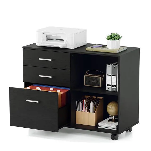 Alt view image 3 of 7 - 3 Drawer Wood Lateral File Cabinet with Adjustable Shelves & Locking Wheels, Printer Stand with Drawers for Letter Size Files, Sturdy Black File Cabinets for Home Office, Study & Business
