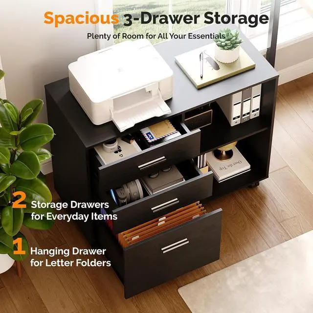 Alt view image 4 of 7 - 3 Drawer Wood Lateral File Cabinet with Adjustable Shelves & Locking Wheels, Printer Stand with Drawers for Letter Size Files, Sturdy Black File Cabinets for Home Office, Study & Business