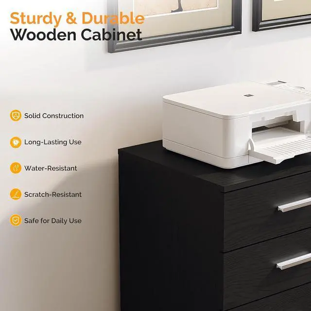 Alt view image 6 of 7 - 3 Drawer Wood Lateral File Cabinet with Adjustable Shelves & Locking Wheels, Printer Stand with Drawers for Letter Size Files, Sturdy Black File Cabinets for Home Office, Study & Business