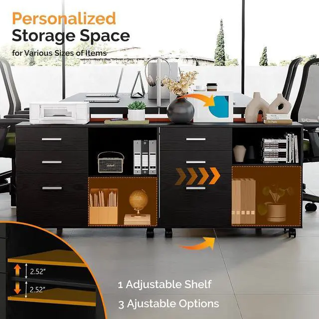 Alt view image 5 of 7 - 3 Drawer Wood Lateral File Cabinet with Adjustable Shelves & Locking Wheels, Printer Stand with Drawers for Letter Size Files, Sturdy Black File Cabinets for Home Office, Study & Business