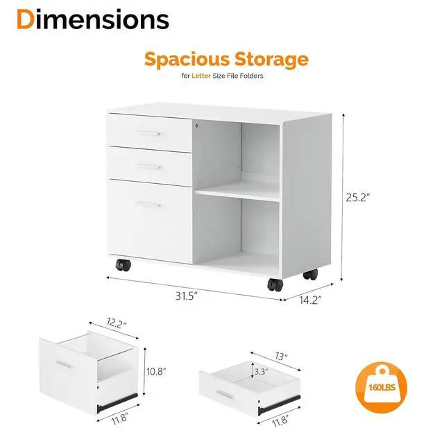 Alt view image 2 of 7 - 3 Drawer Wood Lateral File Cabinet with Adjustable Shelves & Locking Wheels, Printer Stand with Drawers for Letter Size Files, Sturdy White File Cabinets for Home Office, Study & Business