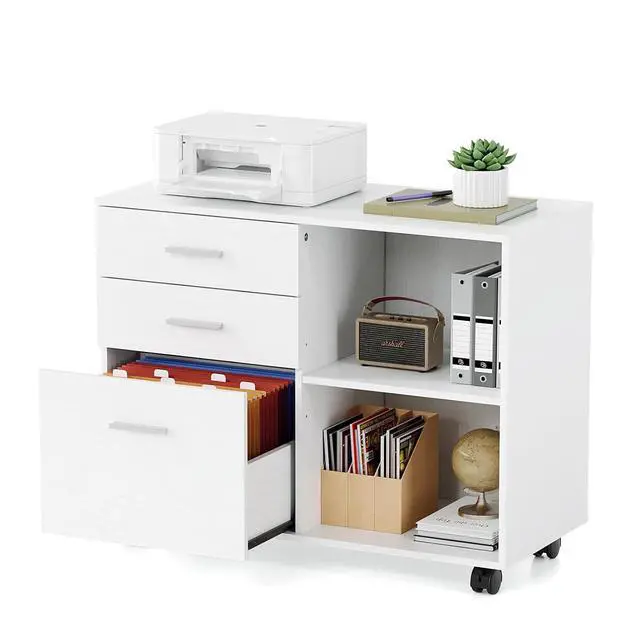 Alt view image 3 of 7 - 3 Drawer Wood Lateral File Cabinet with Adjustable Shelves & Locking Wheels, Printer Stand with Drawers for Letter Size Files, Sturdy White File Cabinets for Home Office, Study & Business